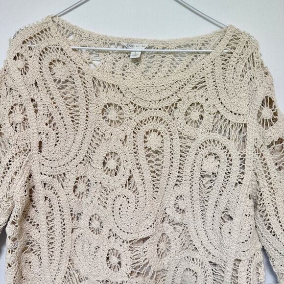 Womens Open Knit Crochet Paisley Sweater Large Cottagecore Oatmeal Boho - Picture 2 of 12